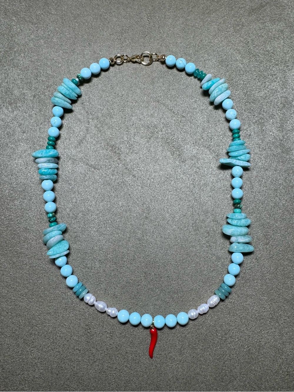 Turquoise Beaded Necklace with Red Pepper Charm